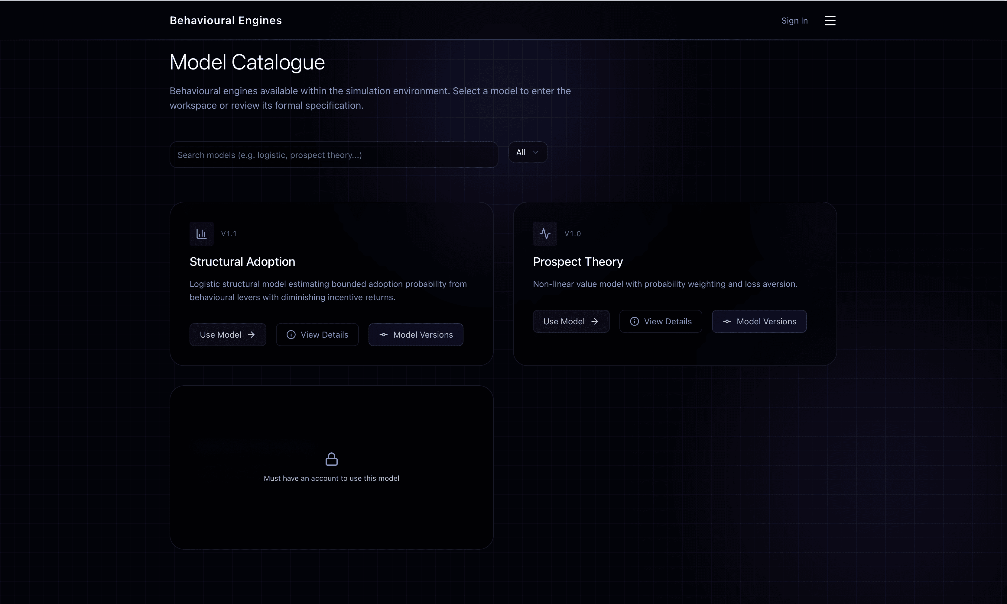 Behavioural Engines model catalogue