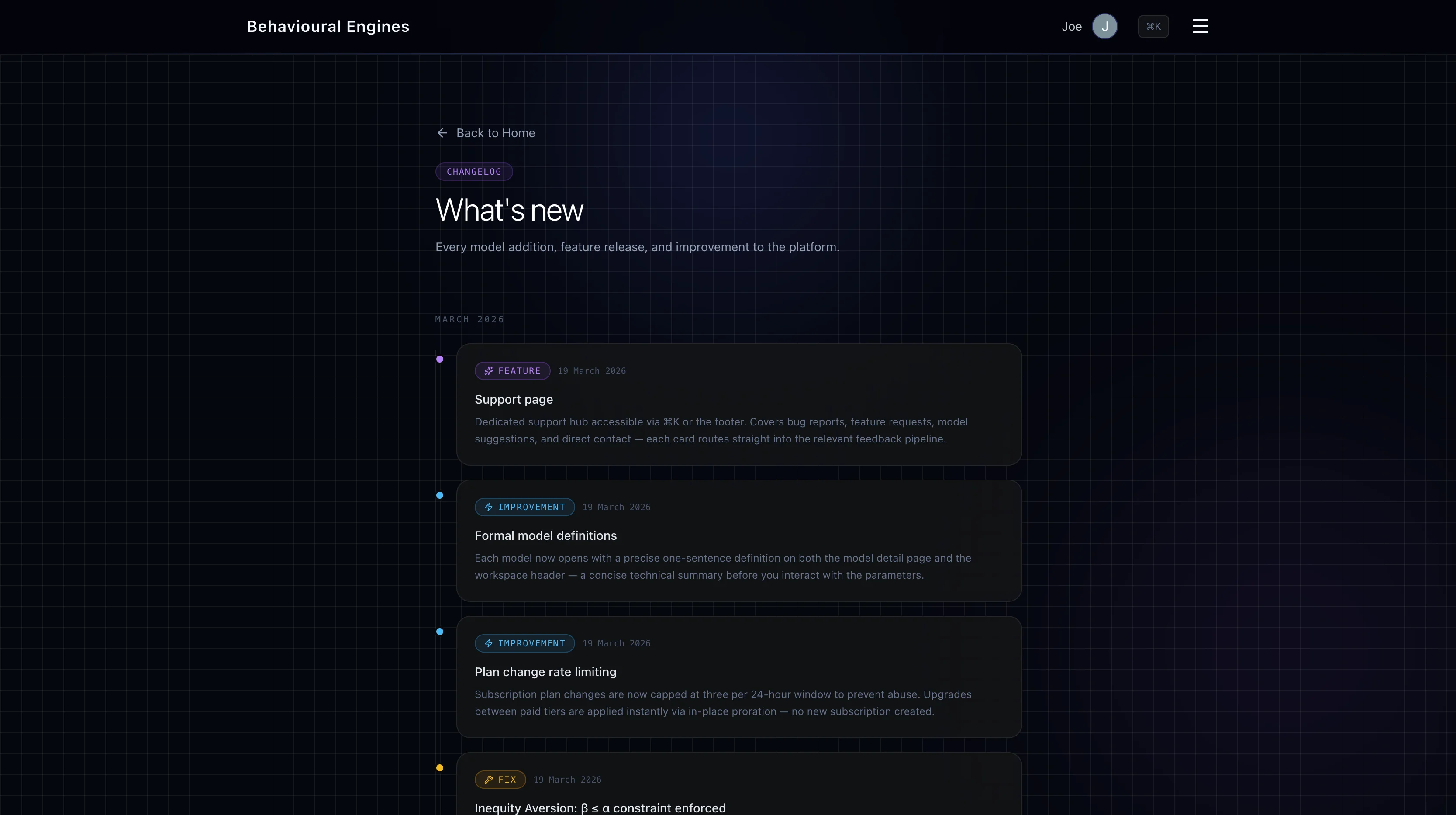 Behavioural Engines changelog page