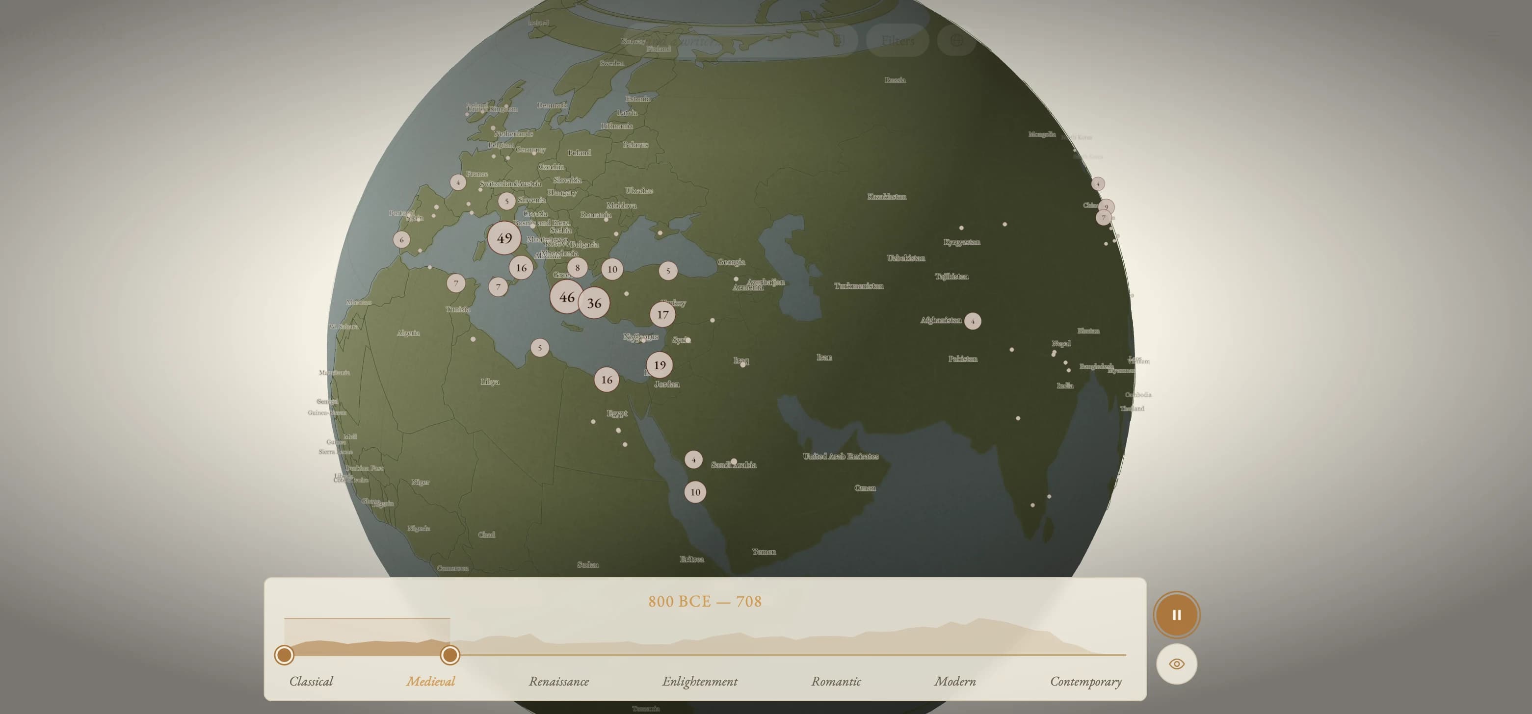 A city cluster in focus with its writers listed
