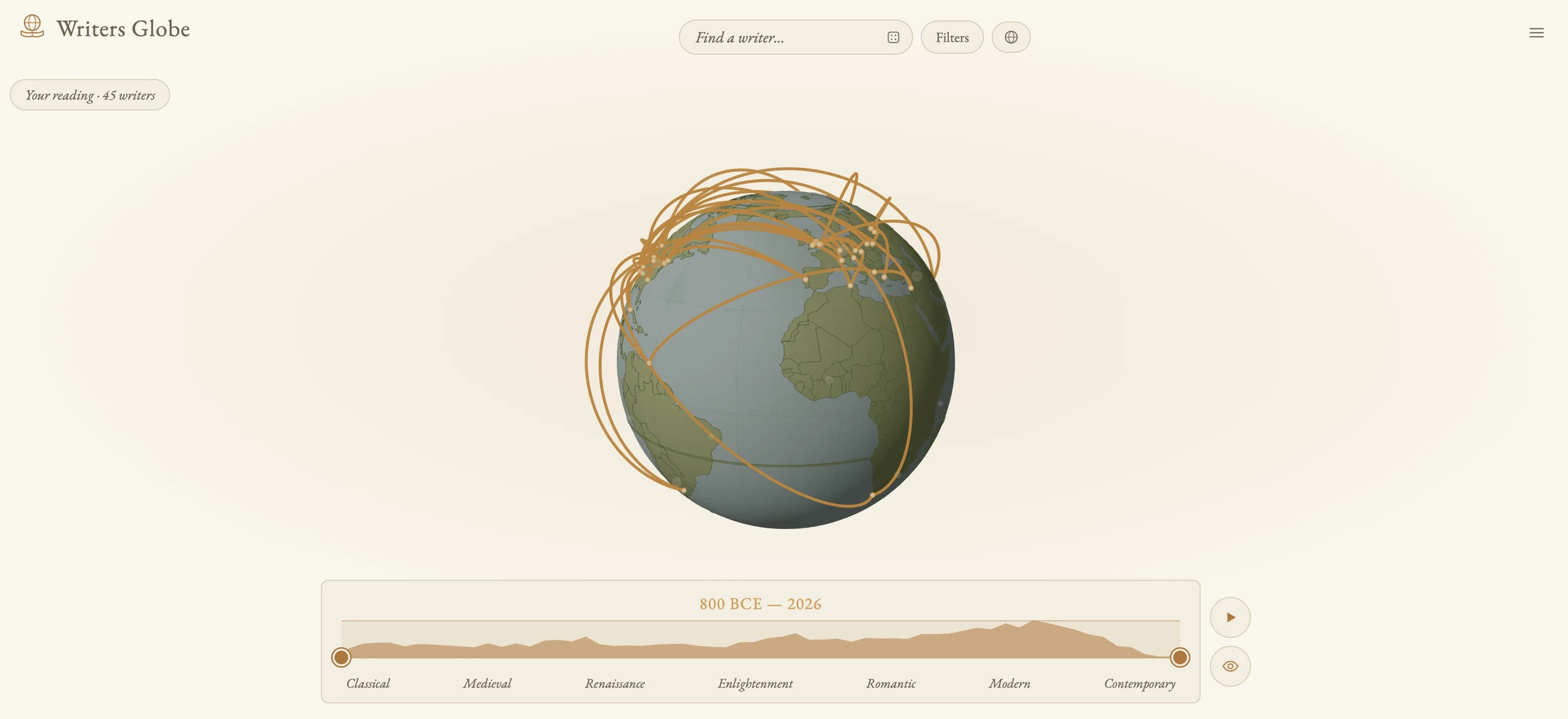 A reader's imported library drawn as a path across the globe