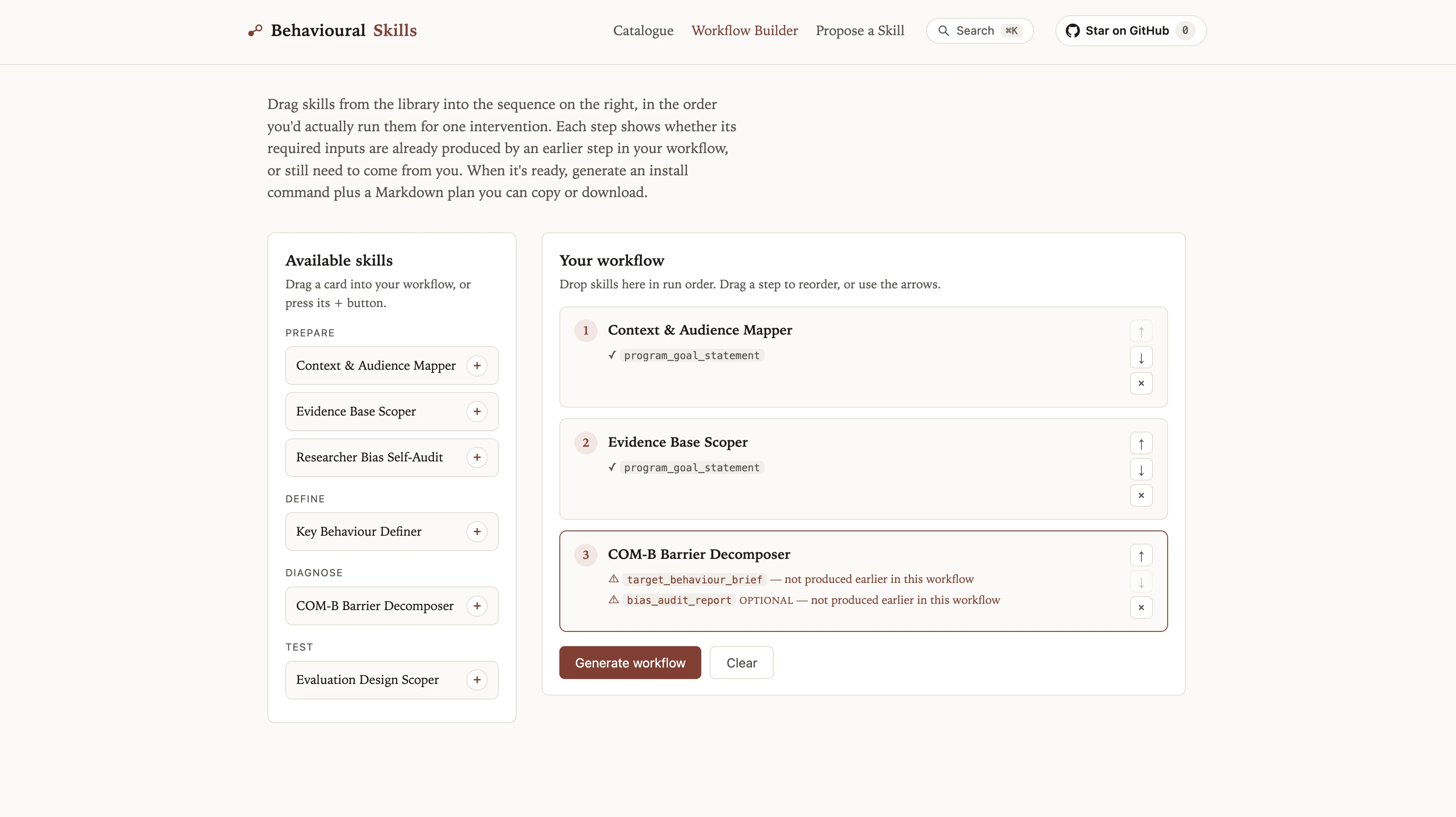 The workflow builder, sequencing skills into a pipeline