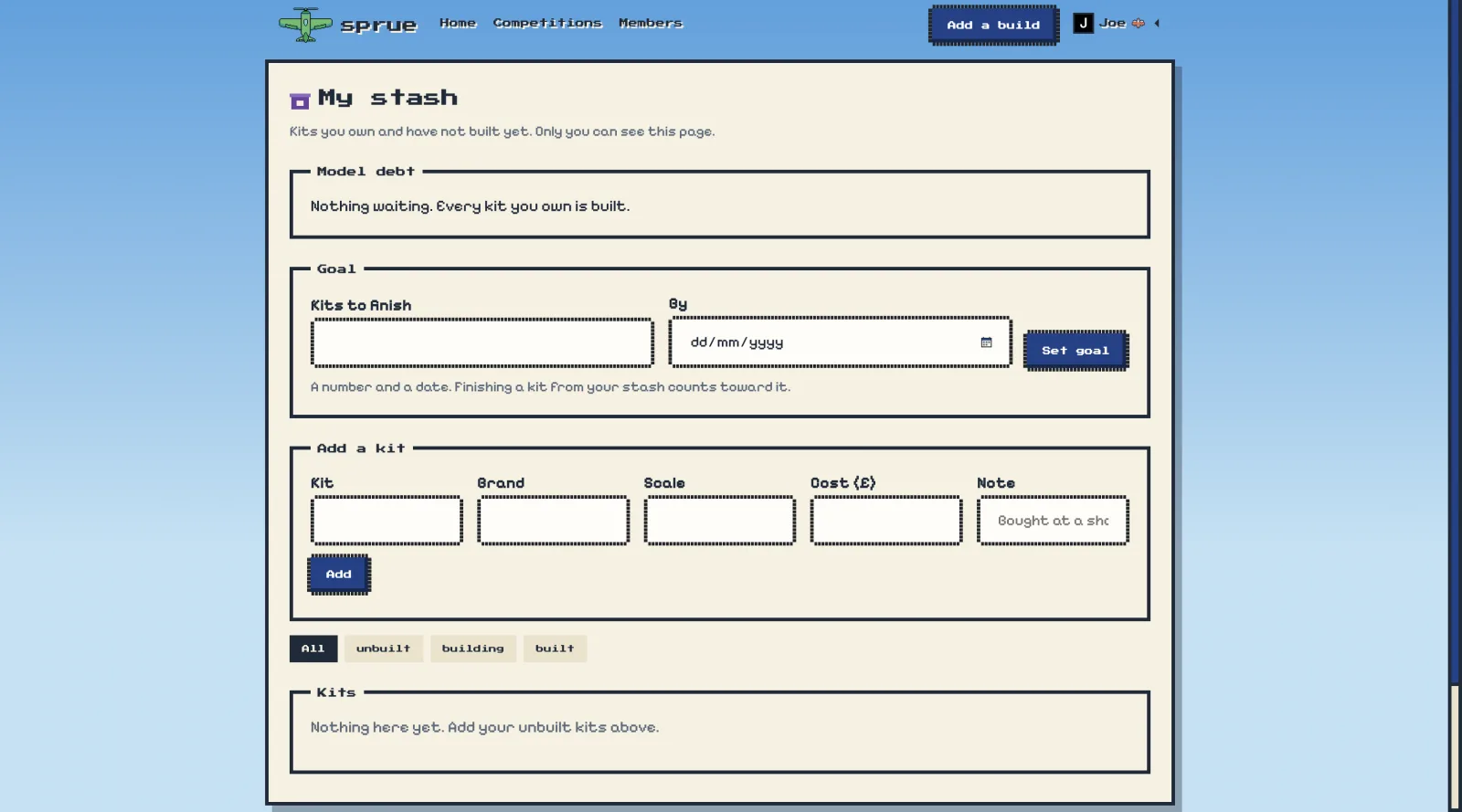 The stash page with model debt and goal